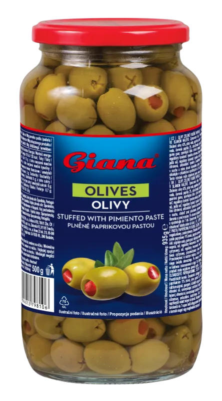 Zelene olive polnjene s paprikom 935/500g, Giana